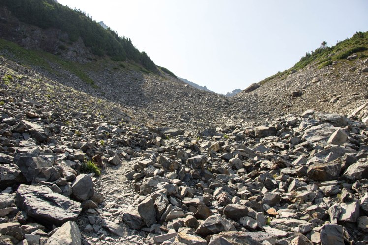 The rocky hill is a straight climb to the glacier